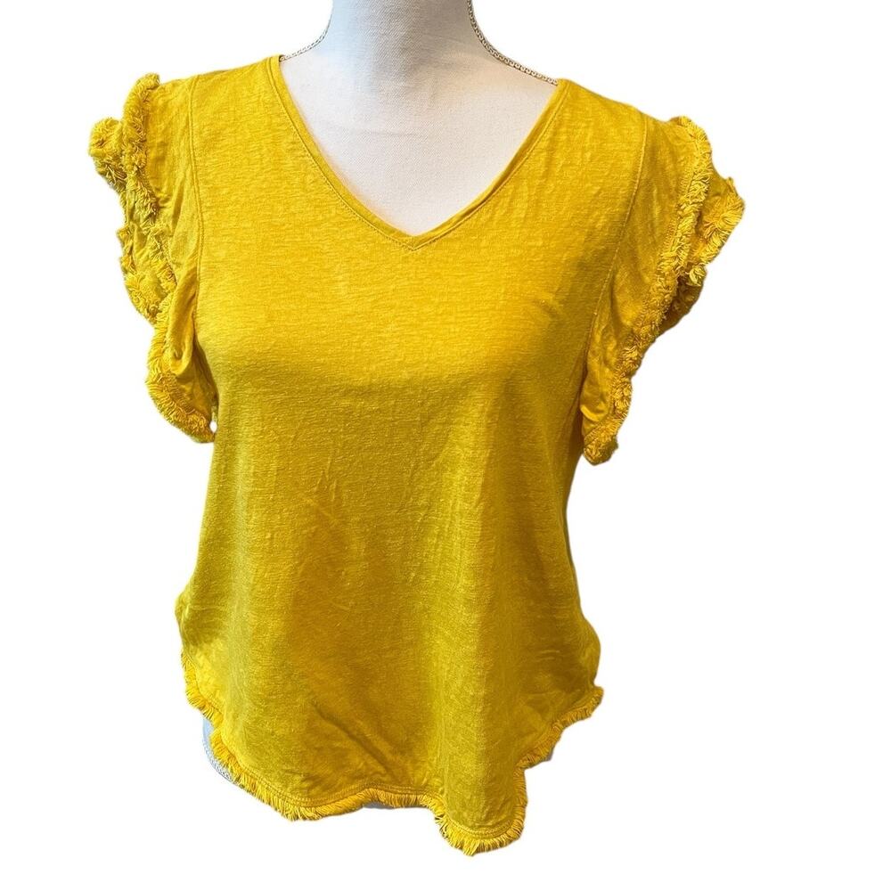 Chicos Frayed Ruffle Short Sleeve Linen Top Mustard Yellow M